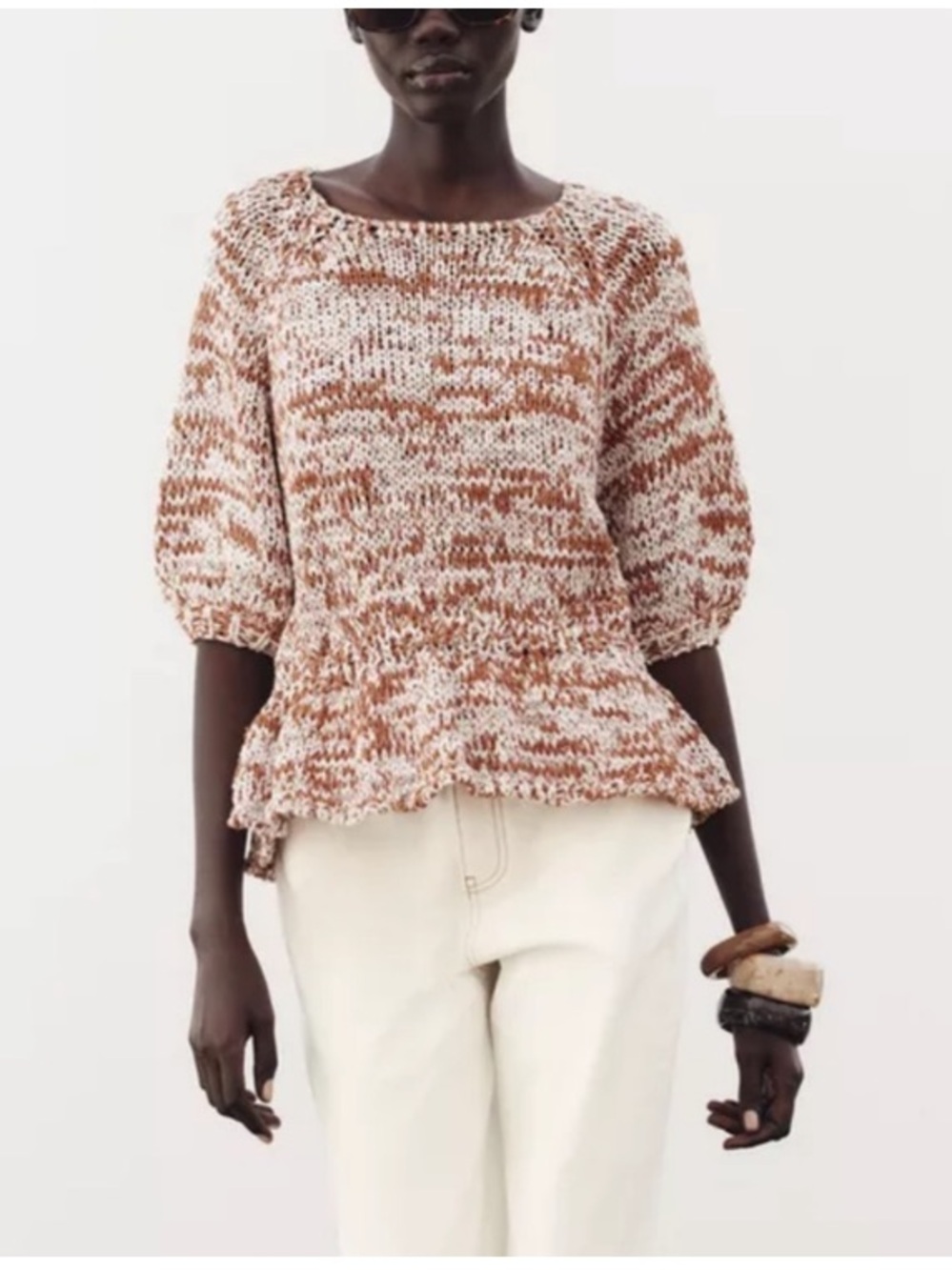 Zara White and Brown Marled Knit Peplum Top